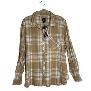 Gap Women Cotton Tan White Plaid Relaxed Fit Flannel Buttons Versatile Shirt XXL